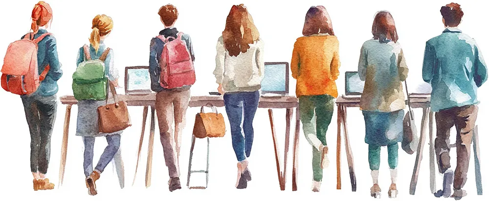 パソコンに向かって作業をする若者たち